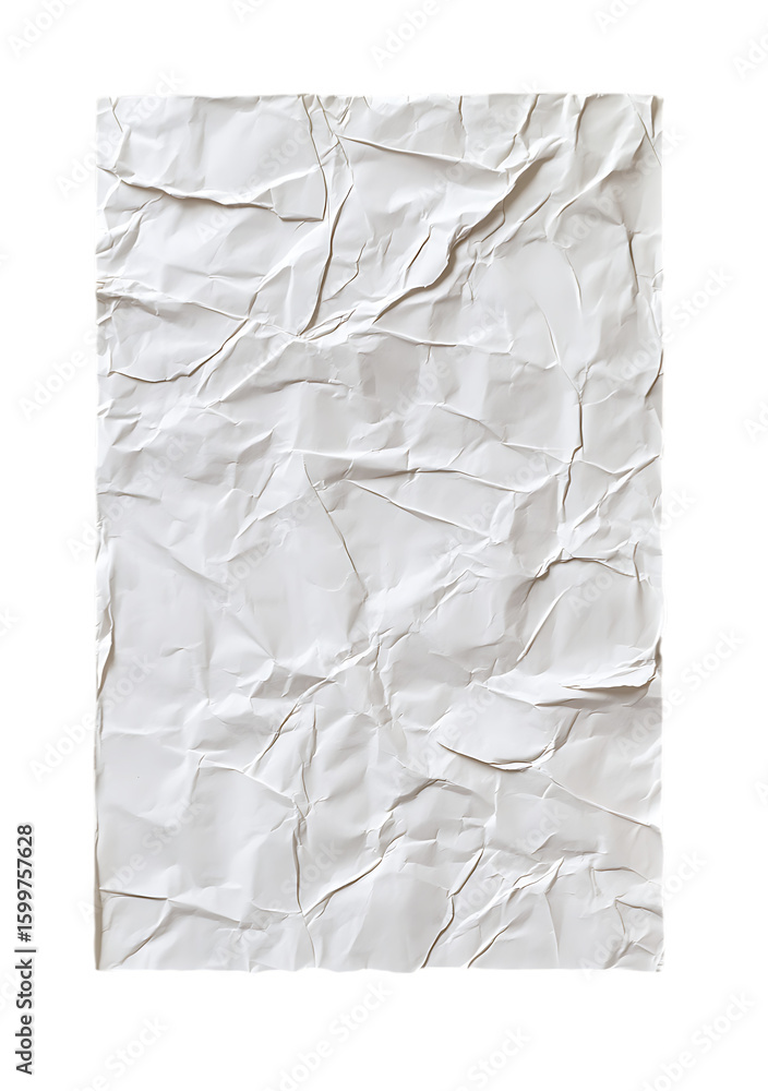 Aufkleber close up of a full white crumpled sheet of paper with rough edges and deep wrinkles isolated on whit