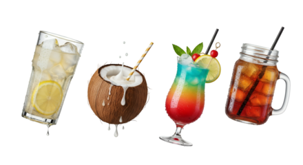 Refreshing summer drinks: lemon water, splashing coconut drink, colorful rainbow cocktail, and iced tea, isolated on black.