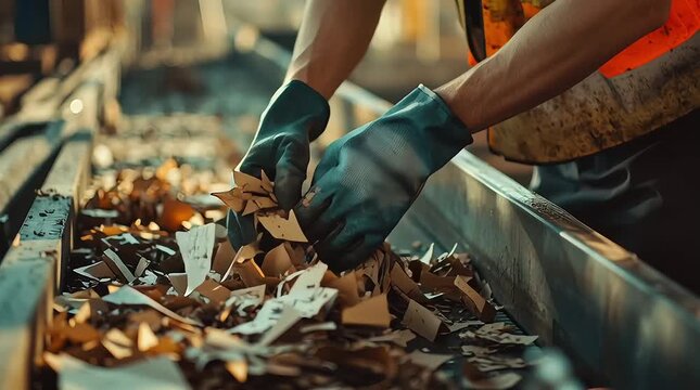 Worker's gloved hands sort mixed paper waste on a conveyor, showcasing the crucial process of recycling and waste management.
