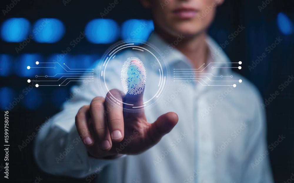 Poster person using fingerprint scanner for biometric authentication