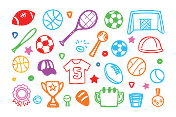 Playful Sports Icons: A delightful array of whimsical sports icons, designed with vibrant colors and a playful aesthetic, perfect for conveying energy and excitement.