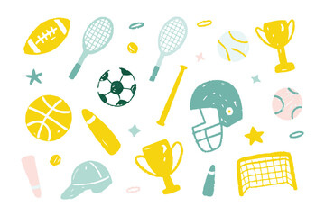 Playful Sports Elements: A delightful array of hand-drawn illustrations representing various sports equipment, perfect for adding a touch of fun and energy to any project.