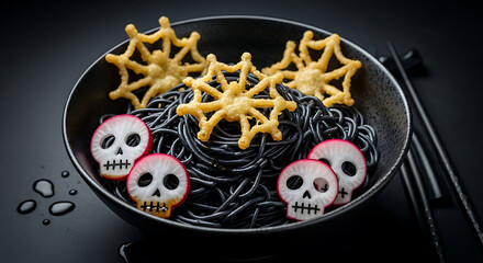Fototapeta premium Spooky Halloween Noodles: Black Pasta with Spider Tempura and Radish Skulls