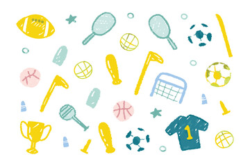 Sports Equipment in Delightful Design: A captivating collection of hand-drawn sports equipment floats amidst a vibrant ensemble of playful, eye-catching elements.