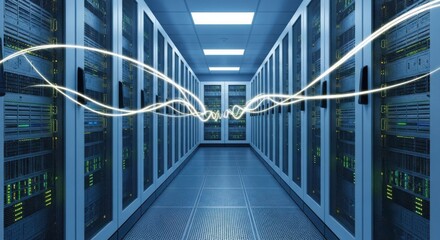 Futuristic data center with glowing energy waves