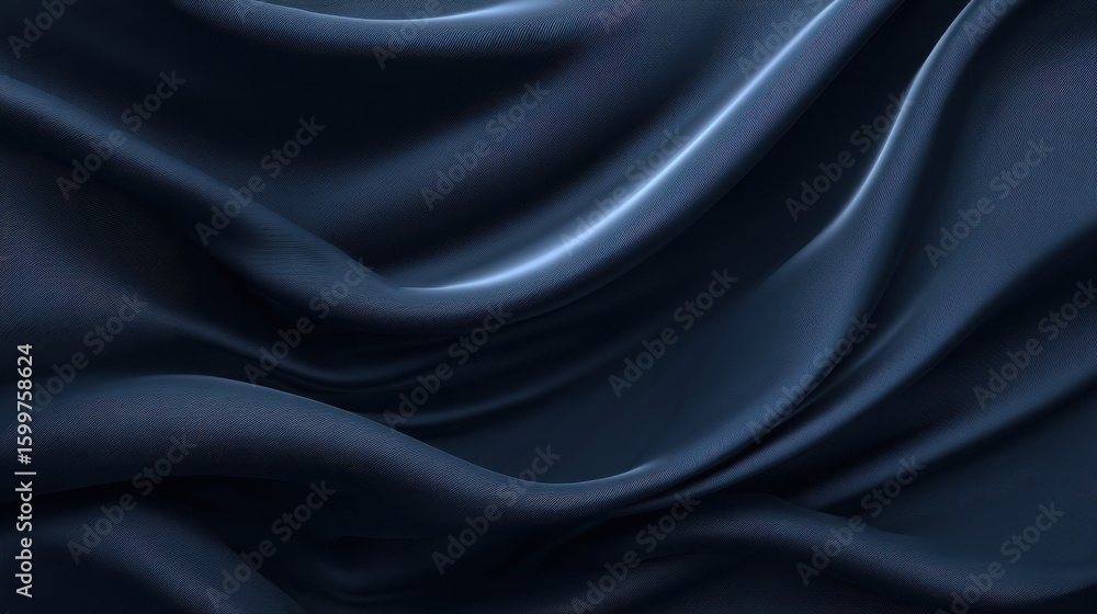 Poster soft dark blue fabric drapes and flows gracefully, showcasing smooth waves and gentle creases. the s