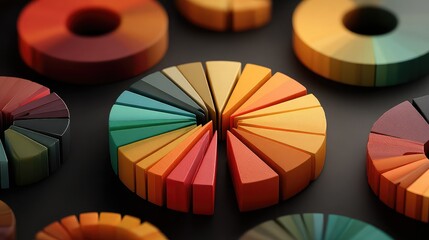 Colorful pie chart segments float in abstract digital space, illustrating data visualization, business analytics, and design-forward infographics for smart enterprise reporting.