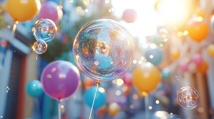 Magical Bubbles and Balloons Floating in a Sunny City Street