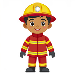 Cheerful cartoon firefighter character wearing yellow helmet and red protective suit with reflective stripes, standing confidently on white background