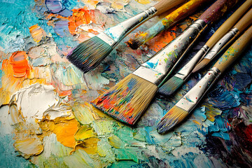 Obraz premium Several paintbrushes on a painter's palette with oil paint.