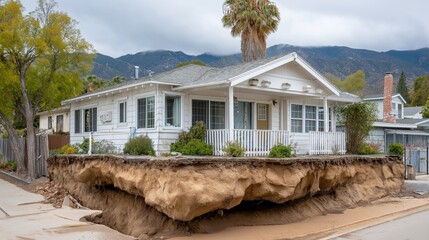 Suburban white house on eroded elevated ground with exposed soil and scenic mountain backdrop highlighting structural risk and instability, Generative AI