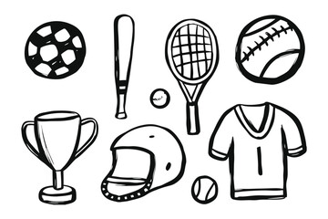 Sports Equipment Collection: A hand-drawn illustration presents an array of iconic sports equipment, perfect for visual projects emphasizing athletic activities and recreational pursuits. 