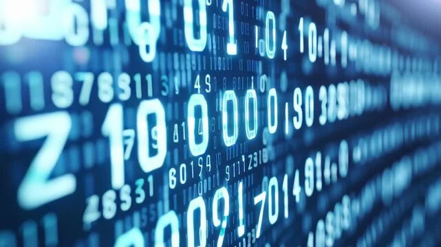 Glowing blue digital data code and binary numbers stream representing technology and information flow with futuristic glowing blue technology data
