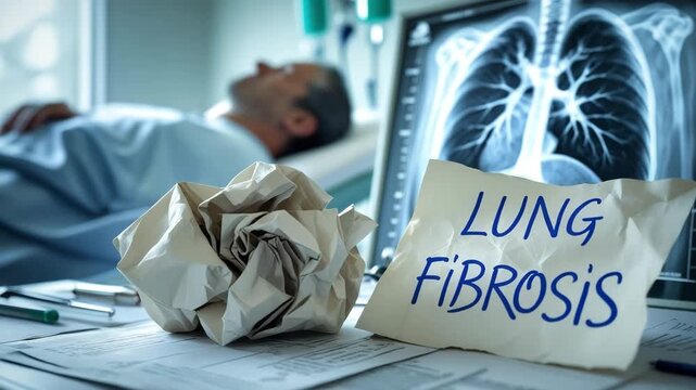 Lung fibrosis awareness event hospital setting medical content clinical environment side view health education