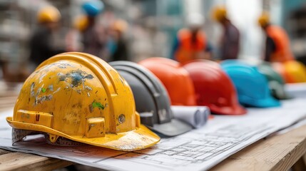 Construction helmets rest on architectural blueprints with workers in background, symbolizing teamwork, civil planning, safety, and collaboration in engineering and building.