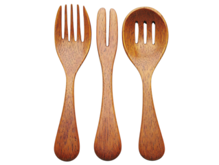 Wooden salad serving set with two forks and slotted spoon isolated on white or transparent png showcase minimalist kitchenware, ideal for culinary themes