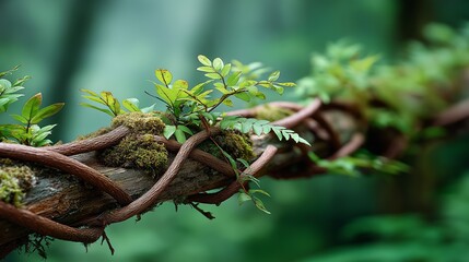 Twisted vine with moss and fresh green leaves growing in a soft-focus forest environment creating a natural earthy composition, Generative AI