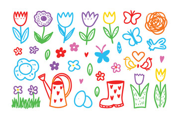 A Vibrant Floral Fantasy: A whimsical array of colorful flowers, charming butterflies, and playful garden elements come together in a lively illustration. evoking joy and springtime freshness.