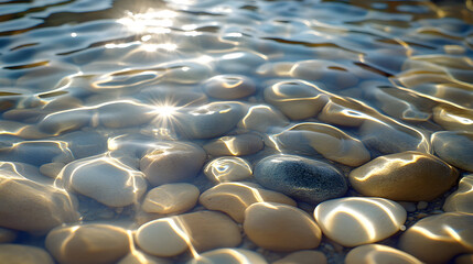 Fototapeta premium Smooth stones under shallow, clear water; sunlight reflecting on surface.