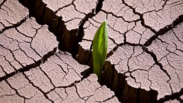 Emerging green leaves through cracked earth, symbol of resilience and new growth