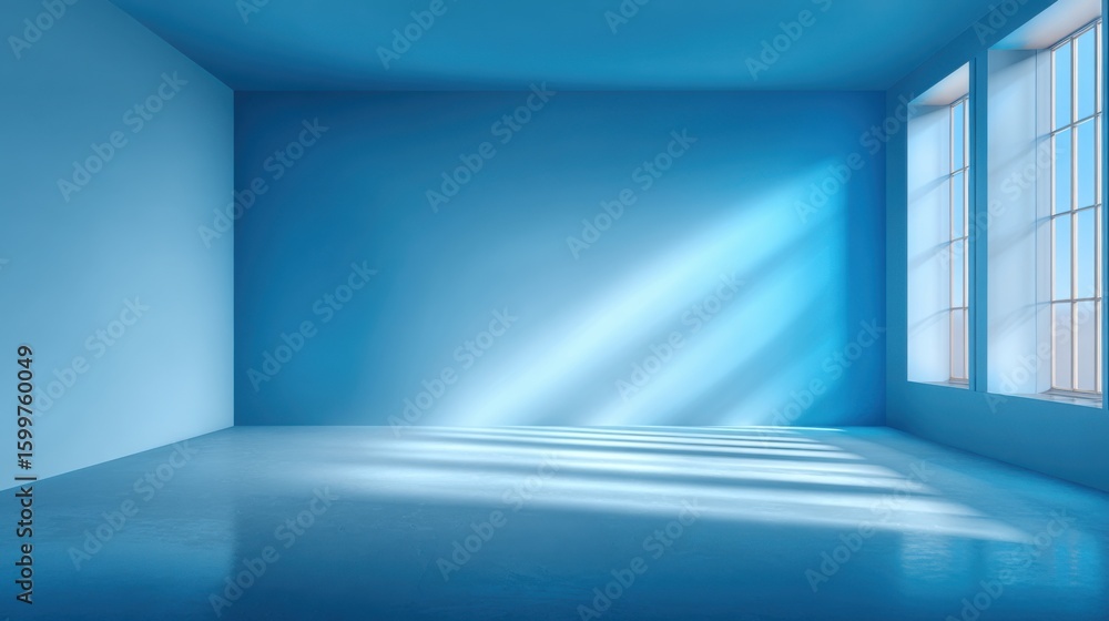 Poster bright blue room features large windows allowing sunlight to illuminate the space. the reflective fl