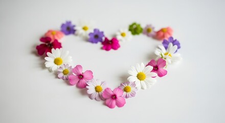 Naklejka premium Heart-shaped arrangement of colorful wildflowers; pastel pink, purple, and white daisies; romantic, delicate, spring mood.