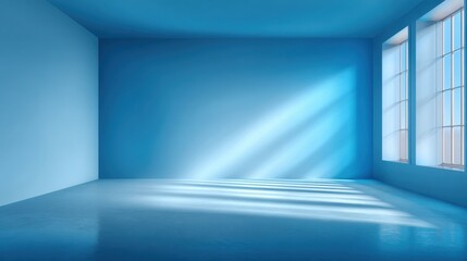 Fototapeta premium Bright blue room features large windows allowing sunlight to illuminate the space. The reflective floor enhances the serene atmosphere, creating a calm environment suitable for relaxation.