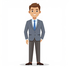 Fototapeta premium Smiling businessman character wearing gray suit and blue tie standing confidently with hands relaxed, isolated on white background