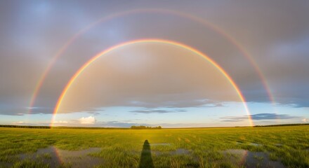 Serene Double Rainbow Over Lush Green Field at Sunset; Hopeful, Peaceful Mood