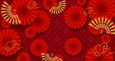 Exquisite textured background in red with a gold fan.