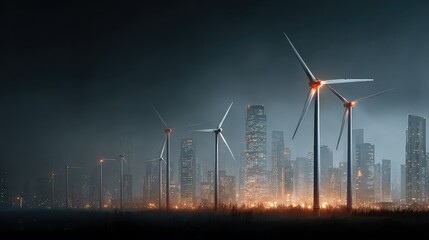 Glowing wind turbines spin over futuristic urban skyline, representing smart city integration, sustainable energy, and the fusion of urban design with renewable power systems.
