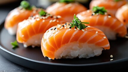 Salmon and avocado beautifully styled on black plate, accented with sesame seeds and herbs