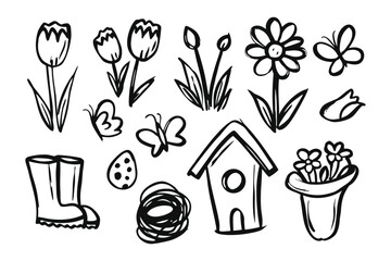Spring Garden Sketch: A charming illustration of garden elements including tulips, daisies, butterflies, boots, and birdhouse, rendered in an elegant sketched style. 