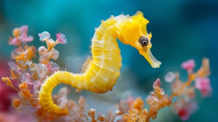 Bright yellow seahorse swimming gracefully near colorful coral reef in clear tropical ocean waters showcasing exotic marine life, Generative AI