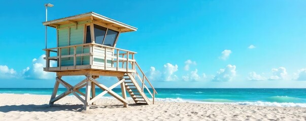 A sturdy lifeguard lookout tower stands tall against a vibrant blue sky, providing a panoramic view of the beach and ocean Ideal for safety, summer, and coastal themes , nature, vigilance