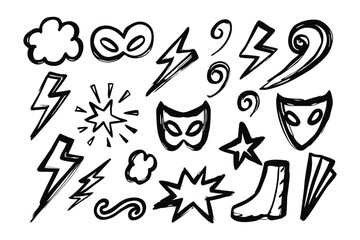 Heroic Sketch Elements: A collection of dynamic sketch elements, including lightning bolts, stars, and masks, are artfully arranged to suggest motion and power, reminiscent of comic art.