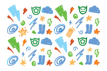 Whimsical Doodle Pattern: An engaging hand-drawn pattern featuring quirky shapes, including stars, lightning bolts, clouds, and abstract faces, creating a vibrant and playful design.