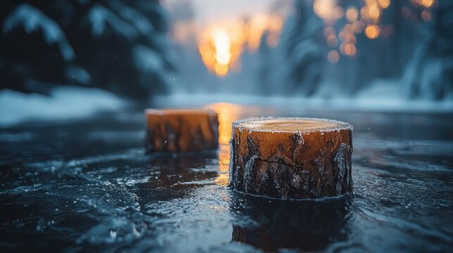 Winter's Serenity: Tree Stump Reflections on Frozen Lake at Sunset