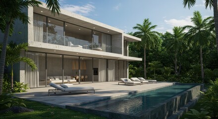 Fototapeta premium Modern villa with pool and palm trees in a tropical setting on a bright sunny day outside home