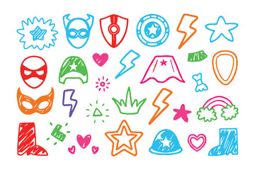 Heroic Symbols: A collection of colorful, hand-drawn superhero emblems, badges, and icons, evoking a sense of adventure, courage, and the whimsical spirit of childhood.