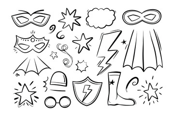 Superhero Accessories Doodle: A captivating collection of hand-drawn doodle superhero accessory illustrations, perfect for adding a playful and whimsical touch to any creative project. © Ajhar234