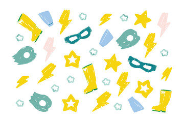 Superhero Symbols Pattern: a vibrant and playful collection of superhero elements creating an exciting repeating pattern, evoking feelings of wonder and heroism.