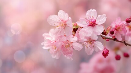 Fototapeta premium Delicate pink cherry blossoms fill the branches, bringing a sense of tranquility to the garden as the soft sunlight filters through. The scene captures the essence of spring.