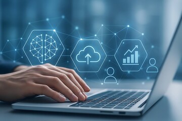 Hand Typing on Laptop with AI, Cloud, and Data Analytics Icons Overlay