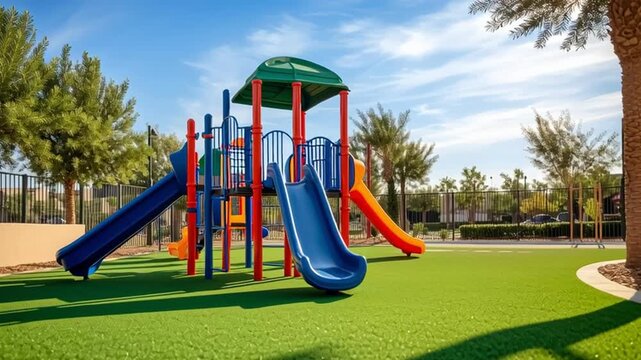 Colorful playground slide with green artificial turf under bright sunny blue sky in outdoor park surrounded by palm trees and fence
