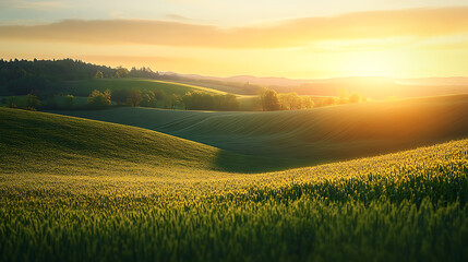 Golden sunrise illuminating rolling hills and fields of wheat