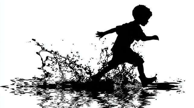 Silhouette of a child running, splashing in water with reflections, against white
