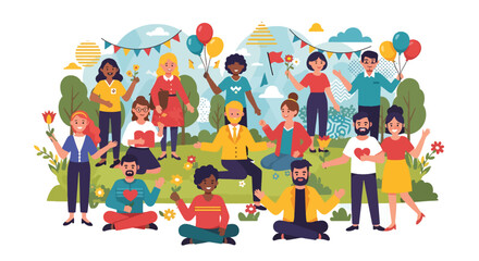 International Friendship Day 2025: Community of Happy Hearts. A diverse group of friends celebrating outdoors with balloons, flowers, and flags, symbolizing joyful connections and unity.

