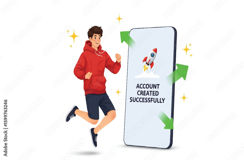 Poster happy man jumps with smartphone displaying message account created successfully
