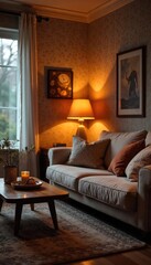 A warm, inviting glow illuminates a cozy living room scene, highlighting soft textures and comfortable furniture Perfect for themes of home, comfort, and relaxation , pillows, sofa